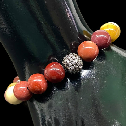 Handmade Mookaite Jasper Stretch Bracelet – 10mm Natural Beads with CZ Disco Ball Accent