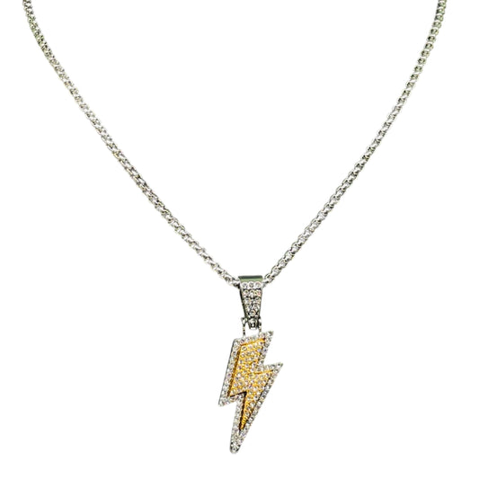 Iced Out Lightning Bolt Pendant Necklace – Yellow Gold & Silver Bling Chain