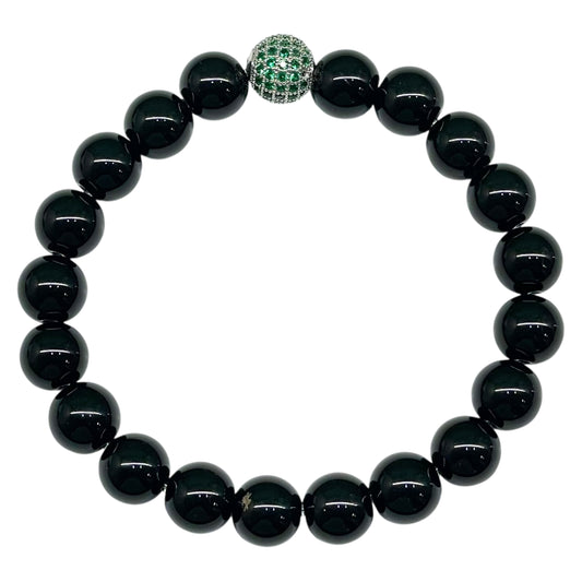 Handmade Black Onyx Stretch Bracelet – 10mm Natural Beads with CZ Disco Ball Accent