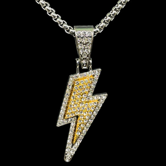 Iced Out Lightning Bolt Pendant Necklace – Yellow Gold & Silver Bling Chain
