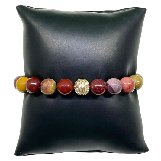 Handmade Mookaite Jasper Stretch Bracelet – 10mm Natural Beads with Golden Disco Ball Accent