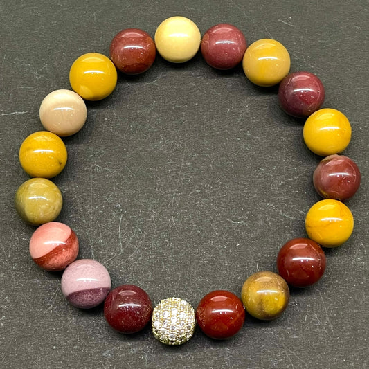 Handmade Mookaite Jasper Stretch Bracelet – 10mm Natural Beads with Golden Disco Ball Accent