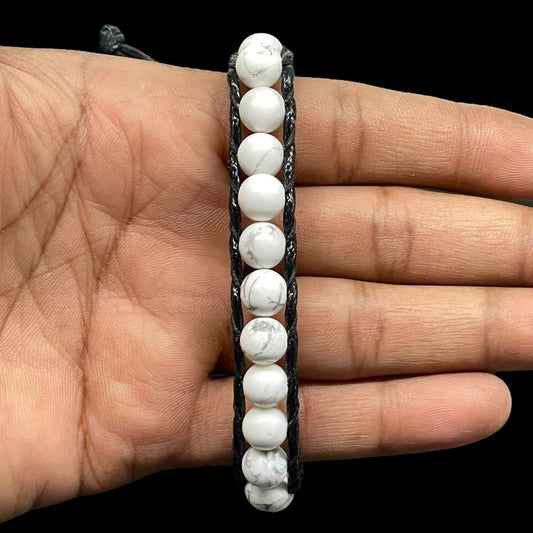 Handmade White Howlite Bracelet – 8mm Beads | Double Layer Black Adjustable Cord (7.5")