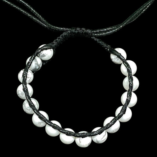 Handmade White Howlite Bracelet – 8mm Beads | Double Layer Black Adjustable Cord (7.5")