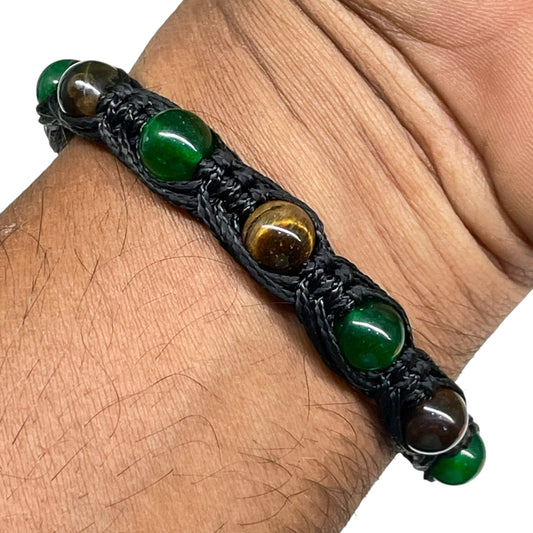 Handmade Onyx & Tiger Eye Bracelet – 8mm Beads | Adjustable Black Braided Cord Unisex Jewelry