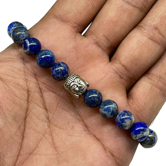 Handmade Lapis Lazuli Stretch Bracelet – 8.5mm Natural Gemstone Beads with Buddha Head Charm
