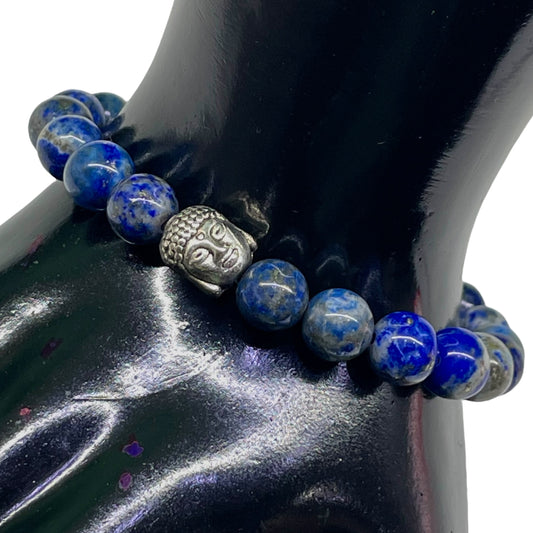 Handmade Lapis Lazuli Stretch Bracelet – 8.5mm Natural Gemstone Beads with Buddha Head Charm