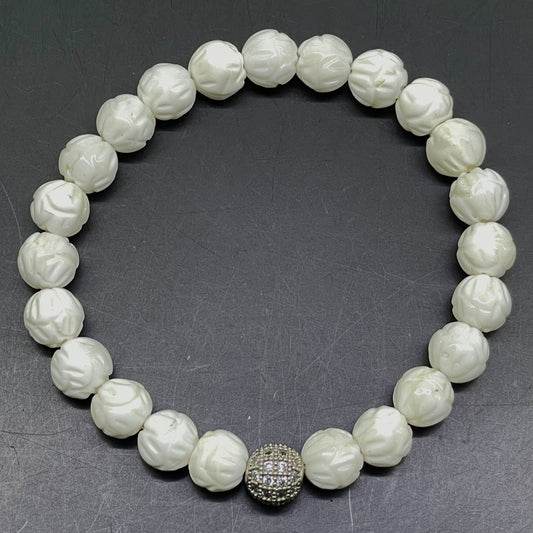 Handmade White Tridacna Stretch Bracelet – 8mm Carved Beads with Sparkling CZ Ball Accent