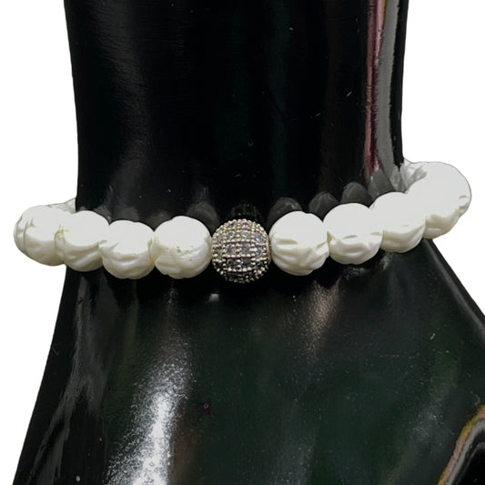 Handmade White Tridacna Stretch Bracelet – 8mm Carved Beads with Sparkling CZ Ball Accent