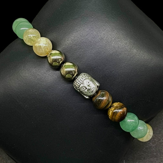 Handmade Multi Gemstone Stretch Bracelet – 8mm Natural Beads with Silver Buddha Head Charm