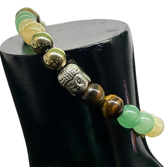 Handmade Multi Gemstone Stretch Bracelet – 8mm Natural Beads with Silver Buddha Head Charm