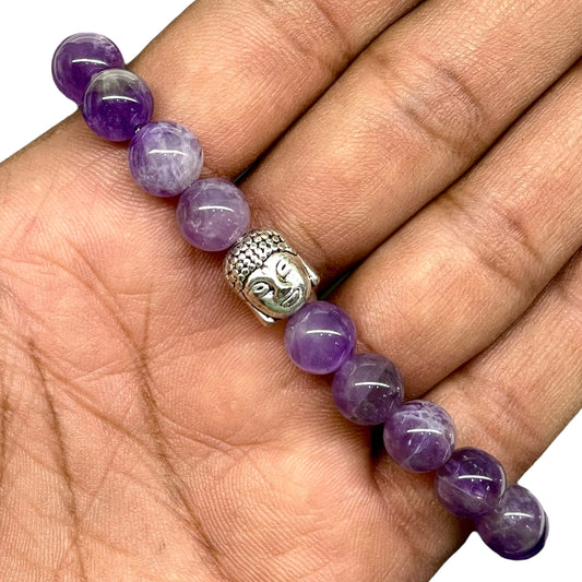 Handmade Amethyst Stretch Bracelet – 8mm Natural Gemstone Beads with Silver Buddha Head