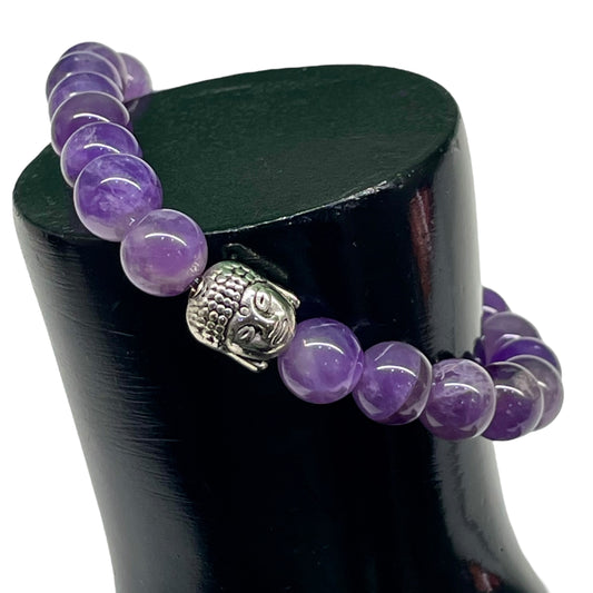 Handmade Amethyst Stretch Bracelet – 8mm Natural Gemstone Beads with Silver Buddha Head