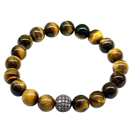 Handmade Tiger Eye Stretch Bracelet – 10mm Natural Beads with CZ Disco Ball Accent, Unisex Jewelry