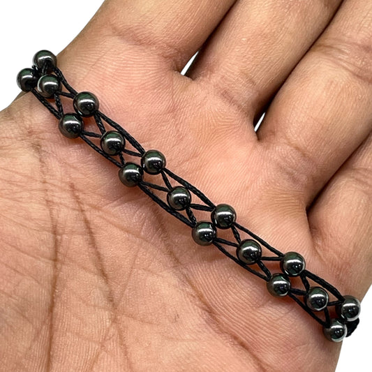 Handmade Hematite Bracelet – 7.5" | 4mm Natural Gemstone Beads in Boho Macrame Style