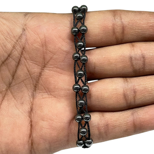 Handmade Hematite Bracelet – 7.5" | 4mm Natural Gemstone Beads in Boho Macrame Style