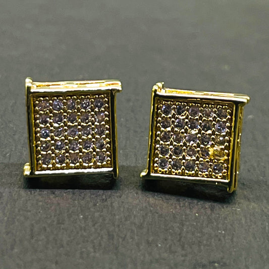 Gold-Tone Square Iced Out Stud Earrings – Men's Bling Statement Jewelry