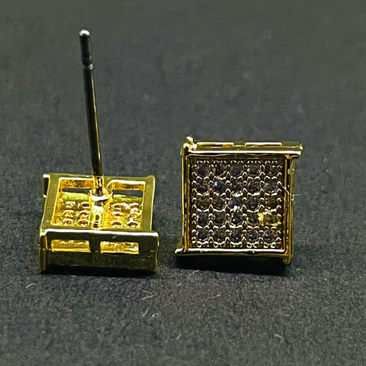 Gold-Tone Square Iced Out Stud Earrings – Men's Bling Statement Jewelry