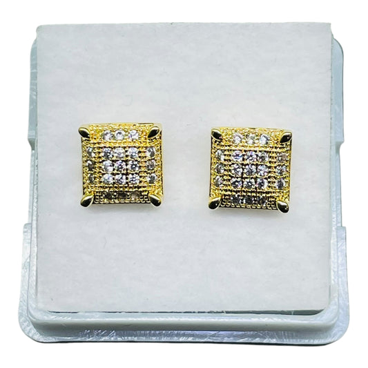 Gold-Tone Clustered CZ Square Stud Earrings – Hip-Hop Bling for Men & Women