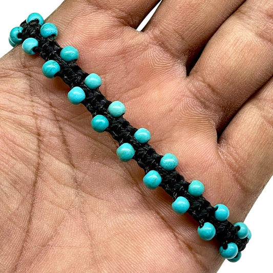 Handmade Turquoise Bracelet – 4mm Beads | Adjustable Macrame Design with Black Cord