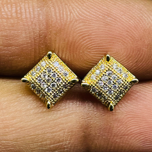 Gold-Tone Clustered CZ Square Stud Earrings – Hip-Hop Bling for Men & Women