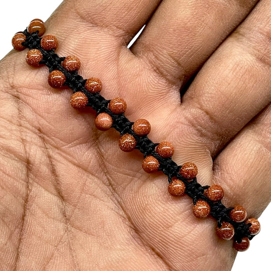 Handmade Sunstone Bracelet – 4mm Natural Beads | Adjustable Macrame Black Cord