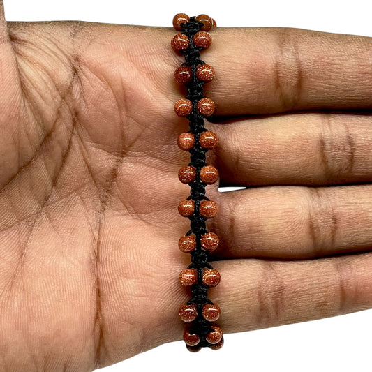 Handmade Sunstone Bracelet – 4mm Natural Beads | Adjustable Macrame Black Cord