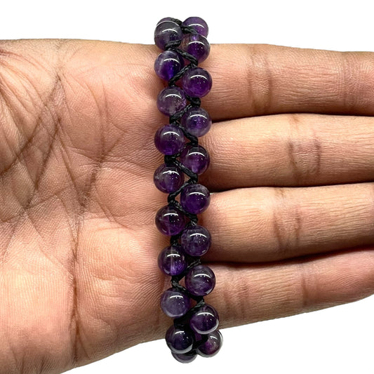 Handmade Amethyst Bracelet – 7mm Beads | Adjustable Macrame Design with Black Cord