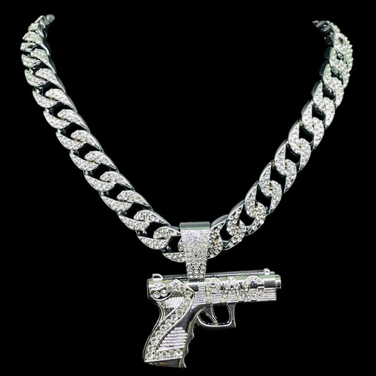 Iced Out “2PAC” Gun Pendant Necklace – Silver Cuban Chain