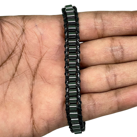 Handmade 4.5mm Hematite Tube Beads Bracelet – Black Cord Woven Adjustable Jewelry with Clasp
