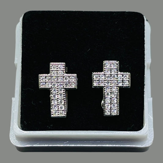 Silver-Tone Cross Stud Earrings with Iced-Out CZ Crystals