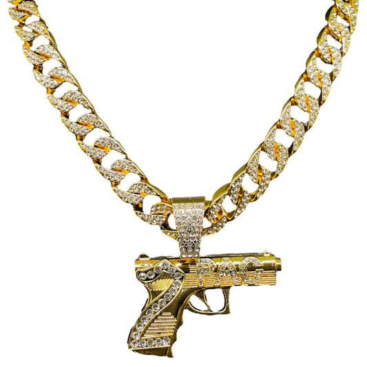 Iced Out “2PAC” Gun Pendant Necklace – Gold Cuban Chain