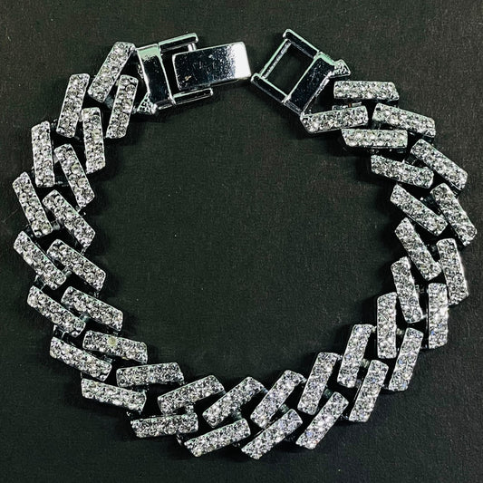 Iced Out Baguette-Style Silver Link Bracelet – Bold Geometric Hip Hop Jewelry