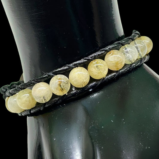 Handmade 8mm Rutile Quartz Beaded Bracelet – Adjustable Macrame Cord Jewelry