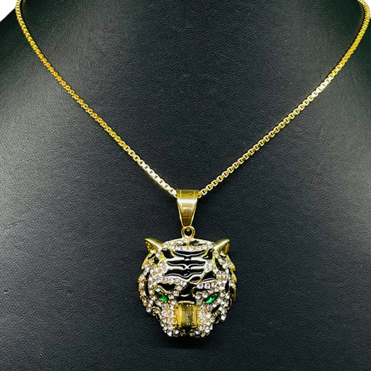 Gold Iced Tiger Head Pendant Necklace – Green Eyes & CZ Detail