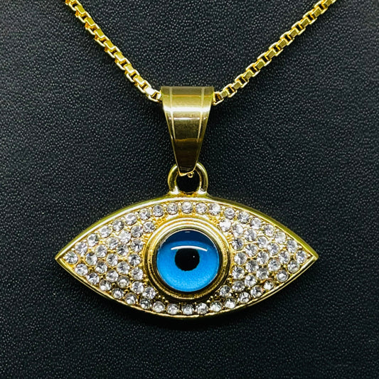Gold Evil Eye Pendant Necklace – Blue Center with CZ Crystals
