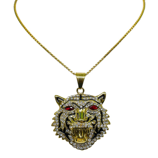 Fierce Tiger Head Pendant Necklace – Gold with Red Eyes & Iced CZ Detail