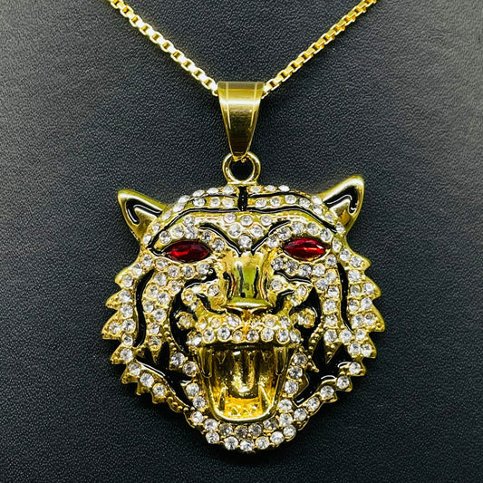 Fierce Tiger Head Pendant Necklace – Gold with Red Eyes & Iced CZ Detail