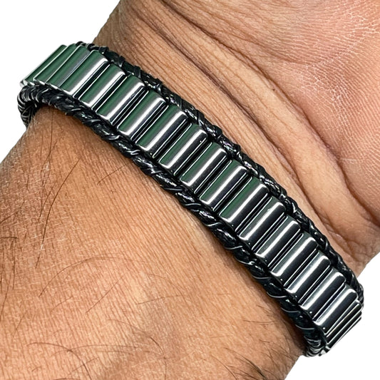 Handmade 8mm Hematite Tube Beads Bracelet – Black Cord Woven Jewelry with Clasp