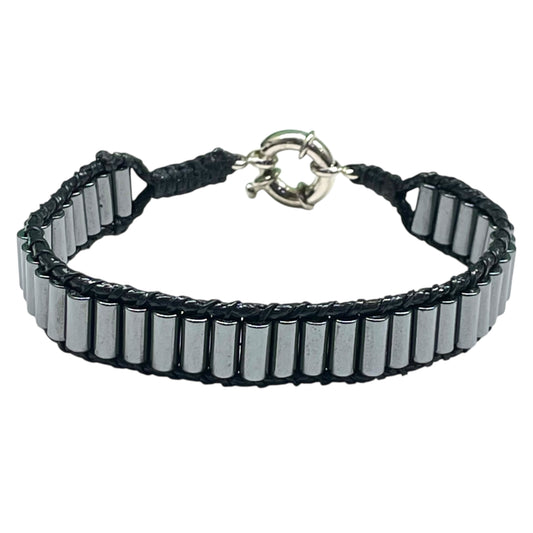 Handmade 8mm Hematite Tube Beads Bracelet – Black Cord Woven Jewelry with Clasp