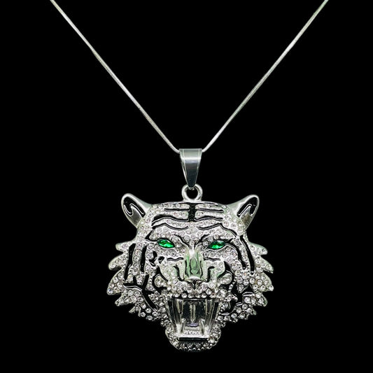 Iced Out Silver Tiger Head Pendant with Green Eyes – Hip Hop Necklace