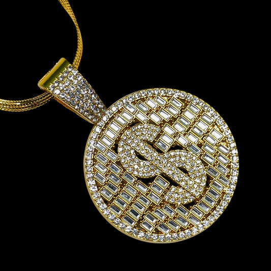 Iced Out Dollar Sign Pendant – Gold Round Bling Necklace
