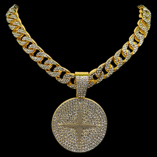 Iced out Star Round Pendant with Chain Hip Hop Luxe Set Yellow Gold Polish
