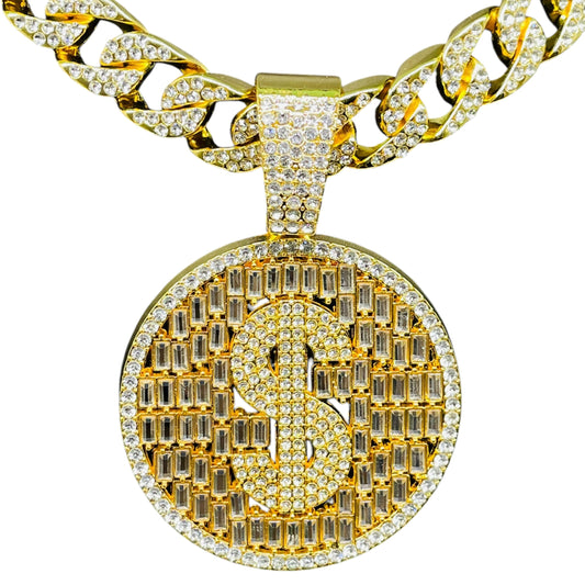 Iced out Dollar Round Pendant with Chain Hip Hop Luxe Set
