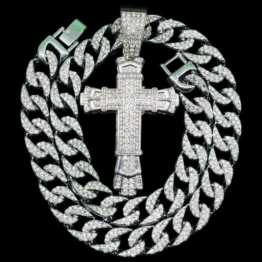 Iced out Cross Pendant with Chain Hip Hop Luxe Set