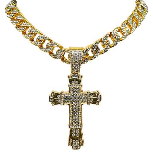 Iced out Cross Pendant with Chain Hip Hop Luxe Set Yellow Gold Polish