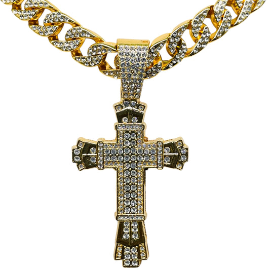 Iced out Cross Pendant with Chain Hip Hop Luxe Set Yellow Gold Polish