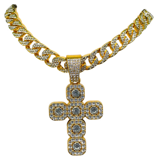 Iced Out Cuban Link Chain with Diamond Cross Pendant