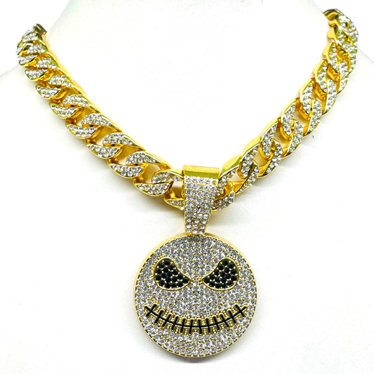 Iced Out Evil Grin Face Pendant with Cuban Link Chain