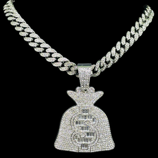 Iced Out Money Bag Pendant Chain – Hip Hop Bling Cuban Link Necklace